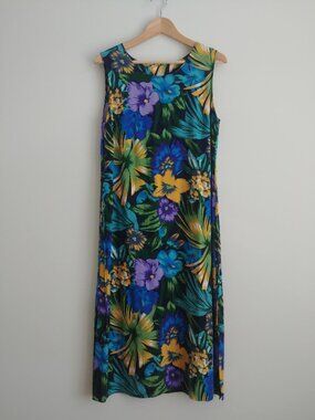 Vintage 14 fits approx Medium 100% rayon sleeveless tropical floral midi dress